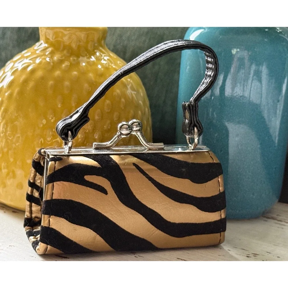 Mini‎ Zebra Print Micro Purse Kiss Lock Handbag Y2K Glam Novelty Bag Gold Black